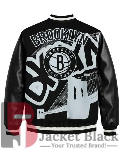 Amalia Brooklyn Nets Leather Black Varsity Jacket