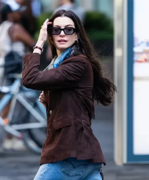 Andy Sachs Movie The Devil Wears Prada 2 2026 Anne Hathaway Brown Suede Leather Blazer