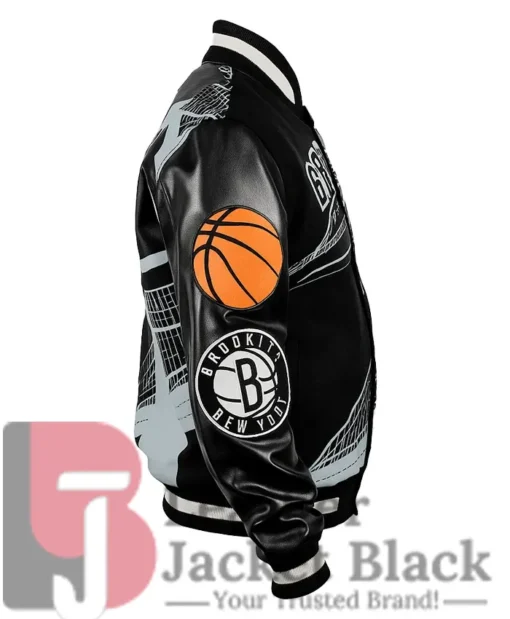 Black Brooklyn Nets Amalia Leather Varsity Jacket