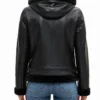 Black Hooded Leather Shearling Jacket For Women