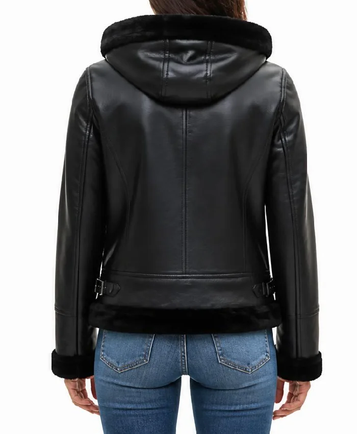 Black Hooded Leather Shearling Jacket For Women