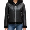 Black Hooded Leather Shearling Jacket For Womens