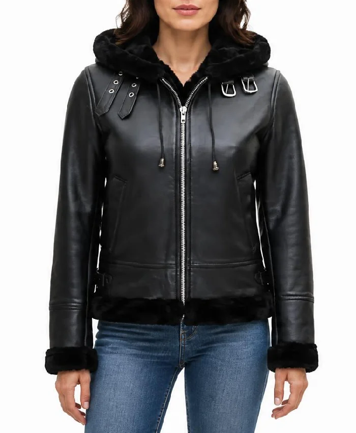 Black Hooded Leather Shearling Jacket For Womens