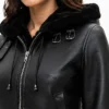 Black Hooded Leather Shearling Jacket Women