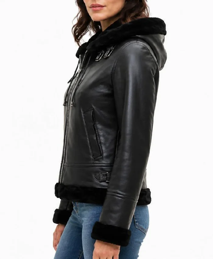 Black Hooded Leather Shearling Jacket Womens