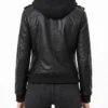 Black Leather With Removable Hood Jacket For Women