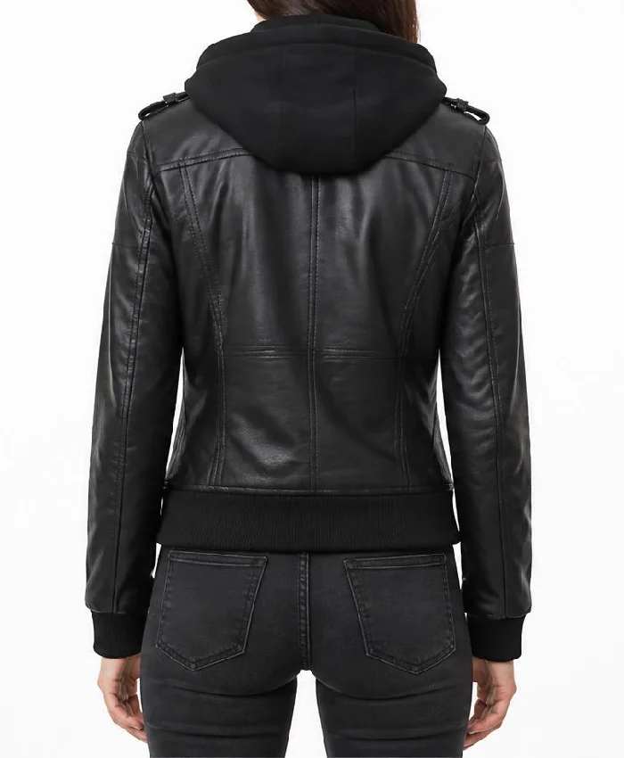Black Leather With Removable Hood Jacket For Women
