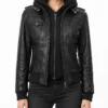 Black Leather With Removable Hood Jacket For Womens