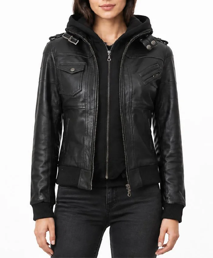 Black Leather With Removable Hood Jacket For Womens