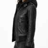 Black Leather With Removable Hood Jacket Women