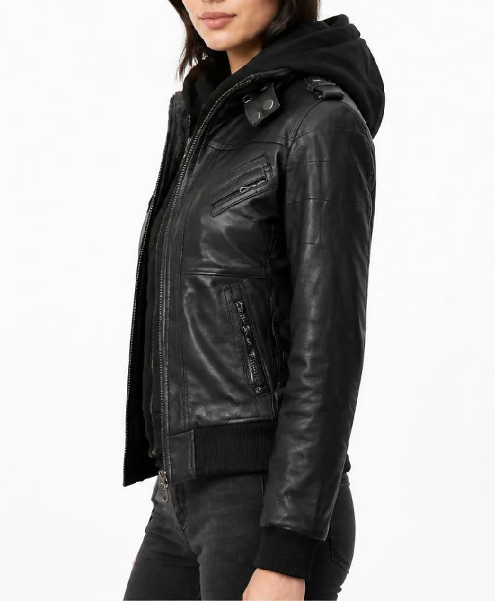 Black Leather With Removable Hood Jacket Women