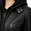 Black Leather With Removable Hood Jacket Womens