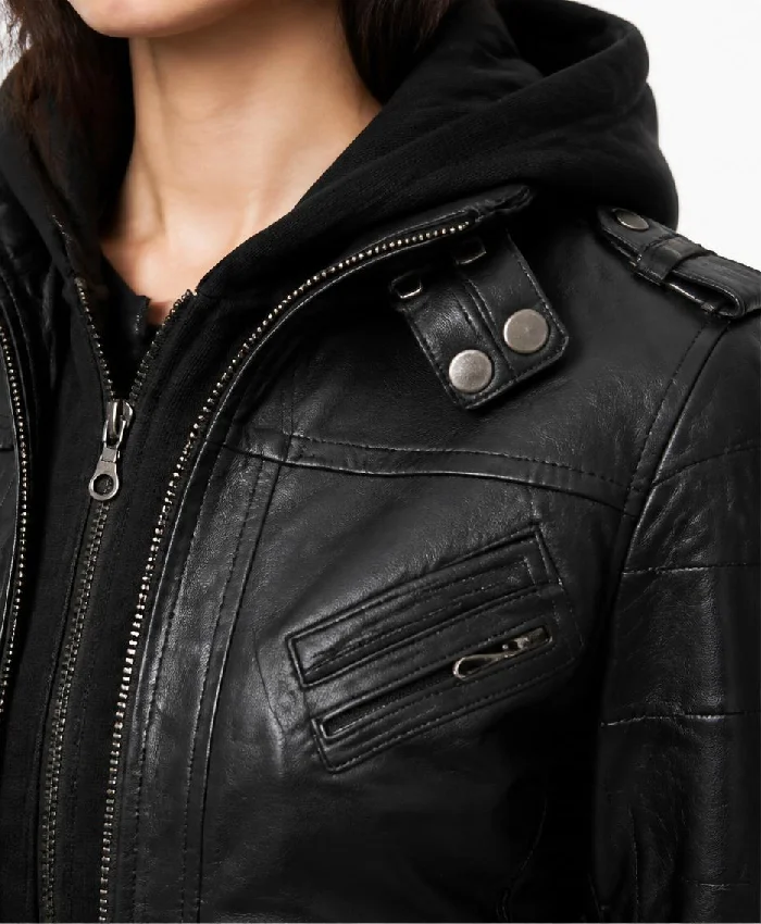 Black Leather With Removable Hood Jacket Womens