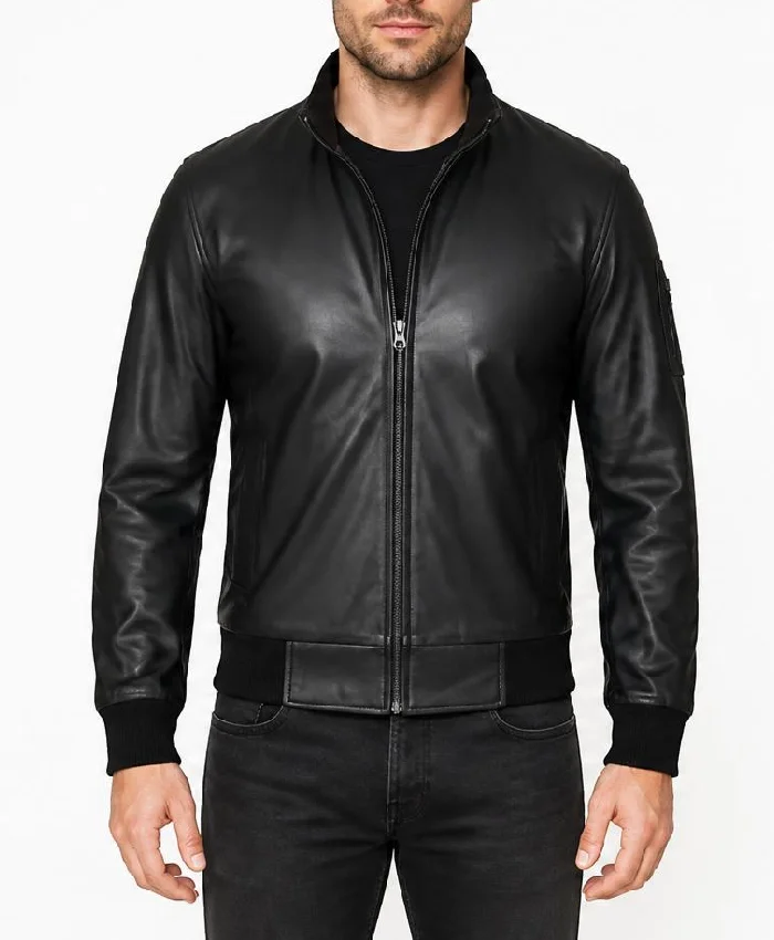 Bomber Black Leather Jacket For Mens