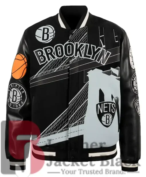 Brooklyn Nets Amalia Leather Black Varsity Jacket