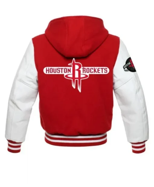 Buy Now Houston Rockets NBA Red And White Hooded Varsity Jacket For Unisex