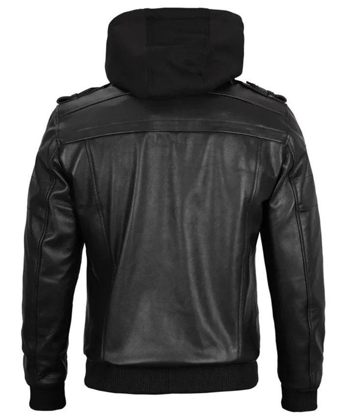 Buy Now Stylish Black Hooded Bomber Leather Jacket For Men And Women
