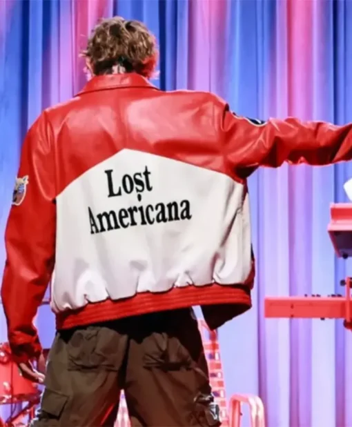 Buy Now The Tonight Show MGK Lost Americana Red And White Leather Jacket For Men And Women