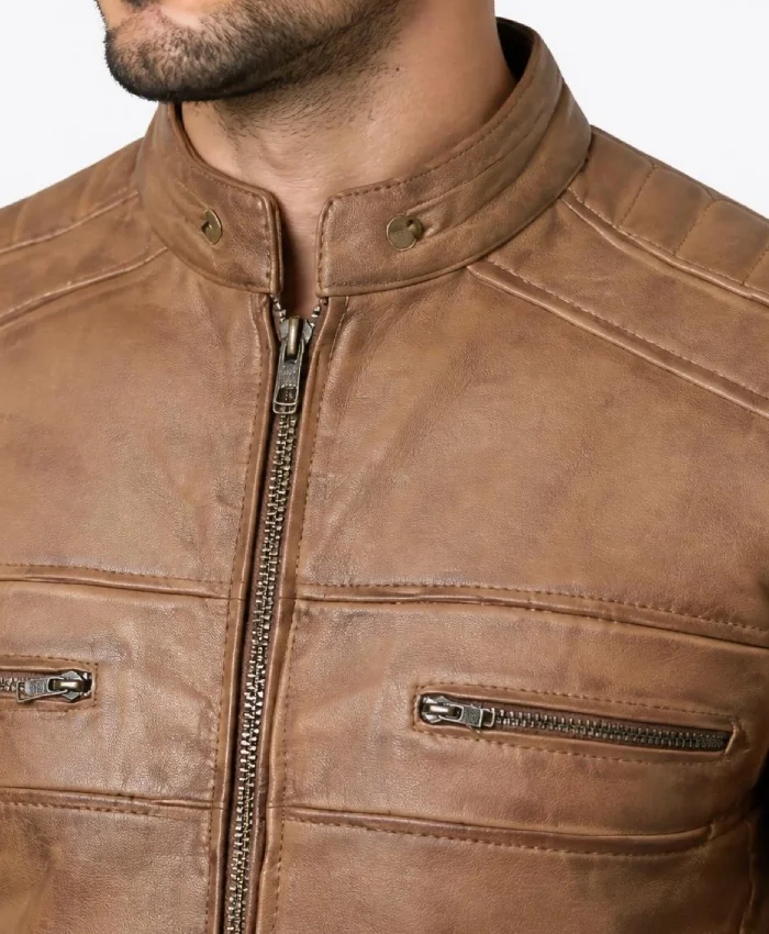 Cafe Racer Camel Brown Leather Jacket For Mens