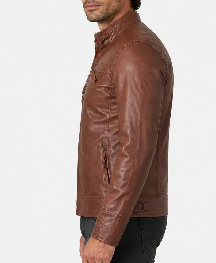 Cafe Racer Quilted Leather Brown Jacket For Mens