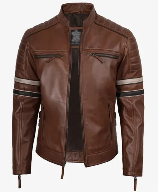 Cognac Racer With Stripes Brown Leather Jacket