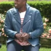 E News 2025 Akbar Gbajabiamila Blue Biker Jacket