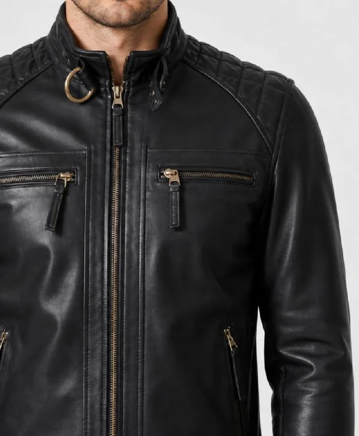 Fashion Quilted Black Biker Leather Jacket Men