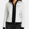 Hood Removable White Leather Jacket For Womens