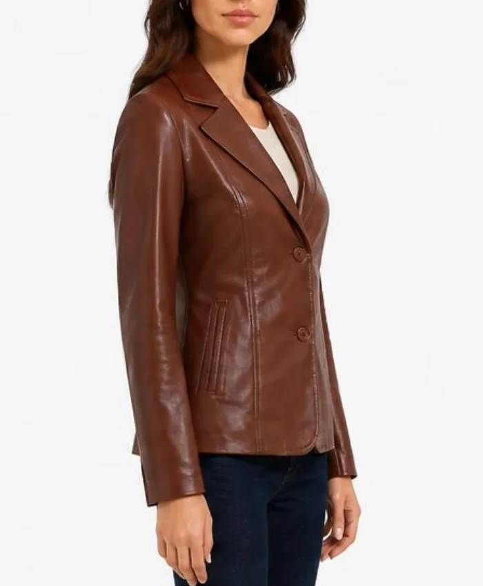 Lapel Notch Brown Leather Coat Womens