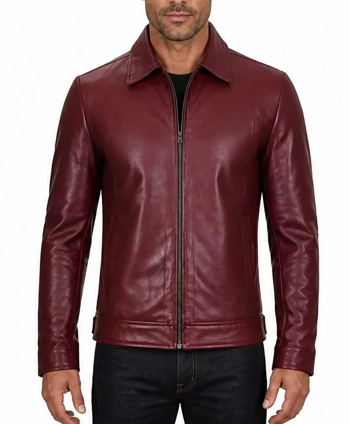 Men Cafe Racer Simple Maroon Leather Jacket
