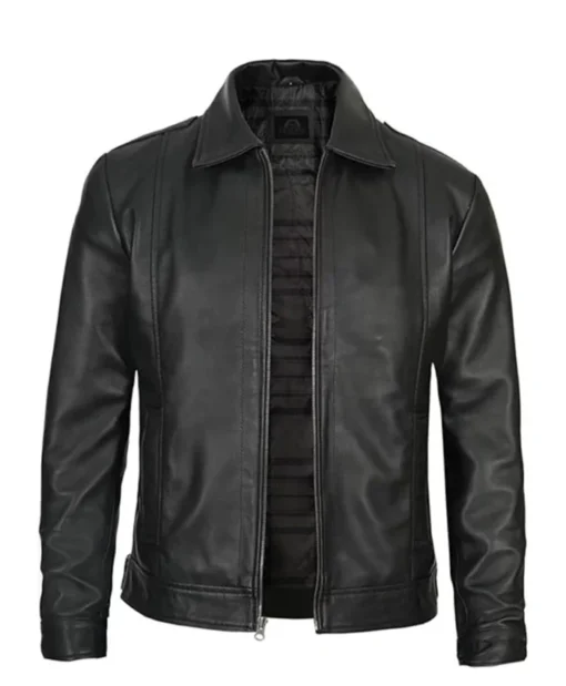 Men Simple Cafe Racer Black Leather Jacket