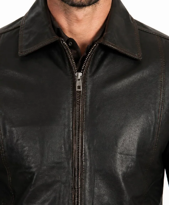 Men Simple Cafe Racer Dark Brown Leather Jacket