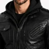 Men Stylish Black Hooded Bomber Leather Jacket