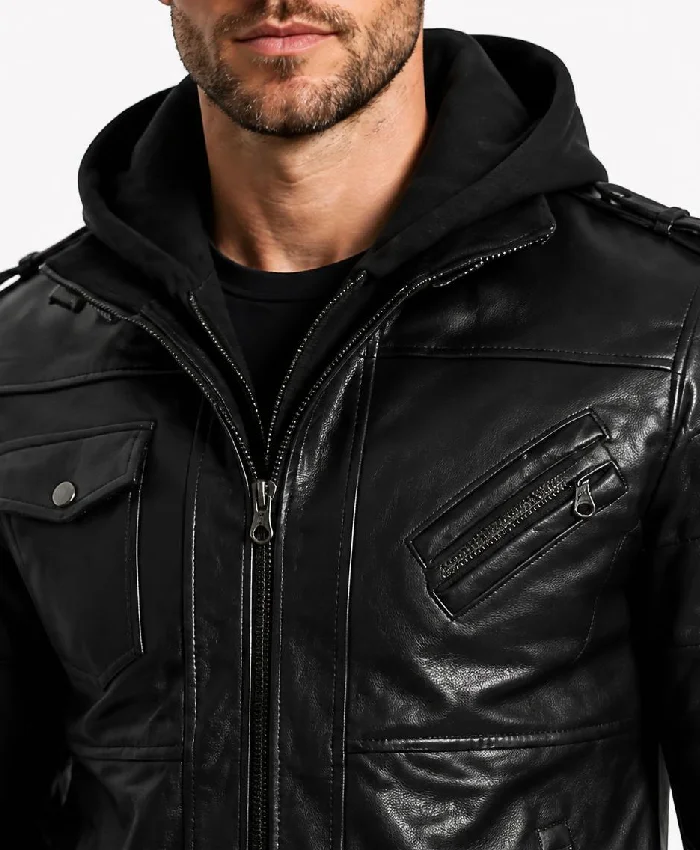 Men Stylish Black Hooded Bomber Leather Jacket