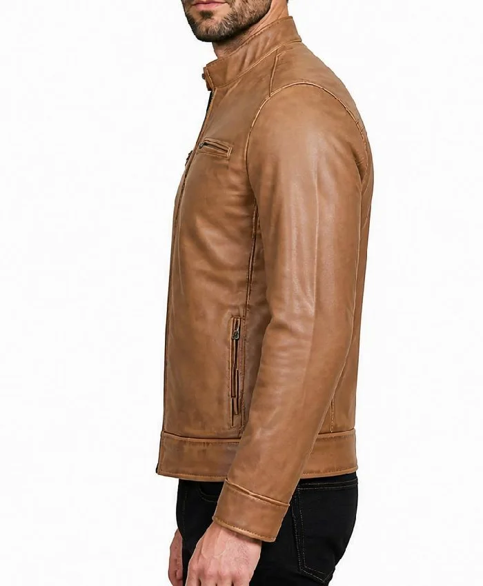 Mens Brown Cafe Racer Leather Jacket For Biker
