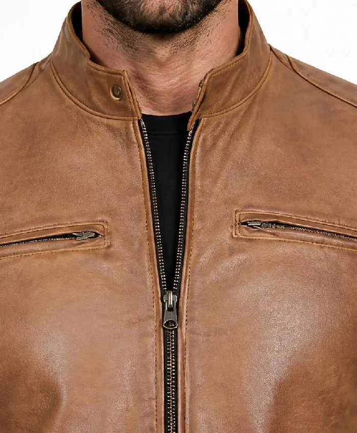 Men’s Brown Cafe Racer Leather Jacket For Motorcycle