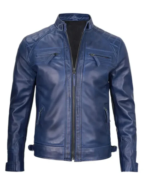 Men’s Cafe Racer Blue Quilted Leather Jacket