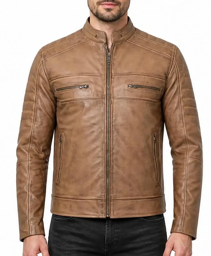 Mens Cafe Racer Leather Camel Brown Jacket