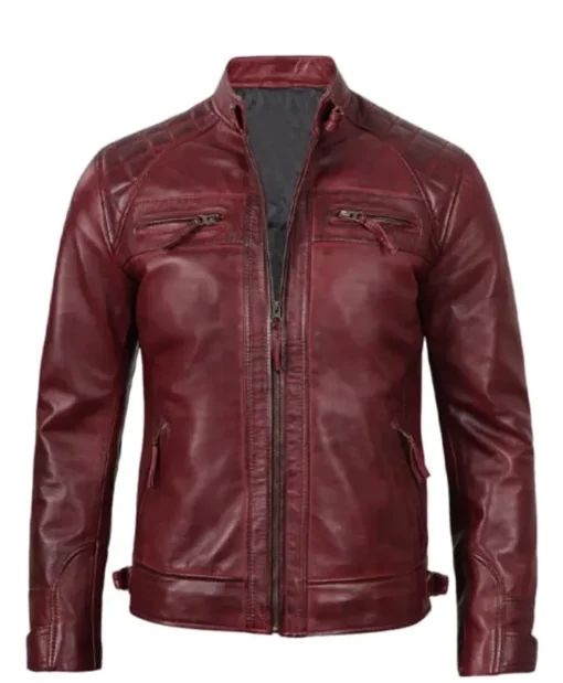 Men’s Cafe Racer Maroon Quilted Leather Jacket