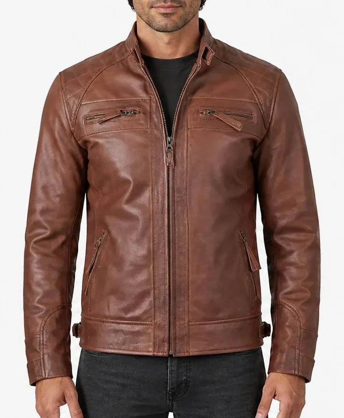 Mens Cafe Racer Quilted Leather Brown Jacket