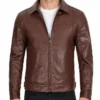Mens Cafe Racer Simple Brown Leather Jacket