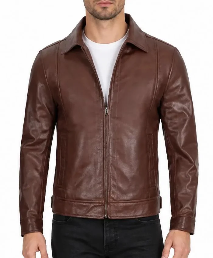 Mens Cafe Racer Simple Brown Leather Jacket