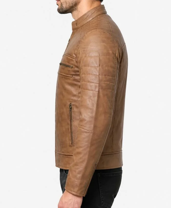 Mens Camel Brown Cafe Racer Leather Jacket