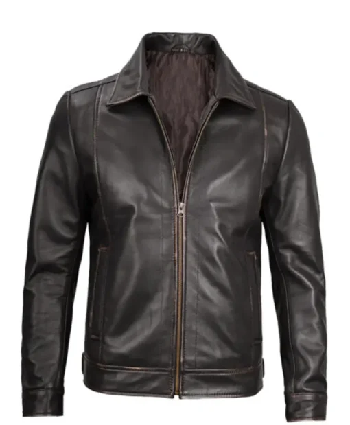Men's Classic Shirt Collar Brown Leather Jacket