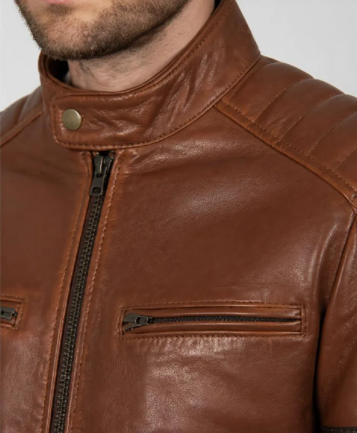 Mens Cognac Racer With Stripes Brown Leather Jacket