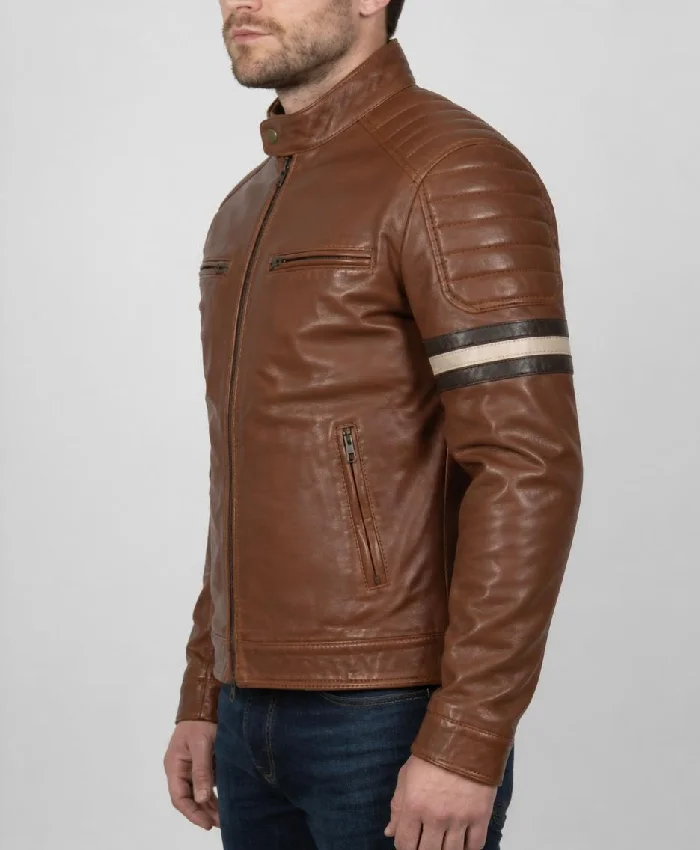Mens Cognac Racer With Stripes Brown Leather Jacket