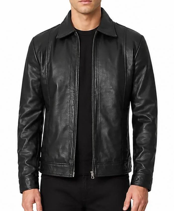 Mens Simple Cafe Racer Black Leather Jacket