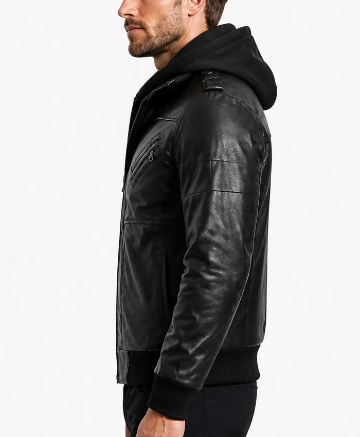 Mens Stylish Black Hooded Bomber Leather Jacket