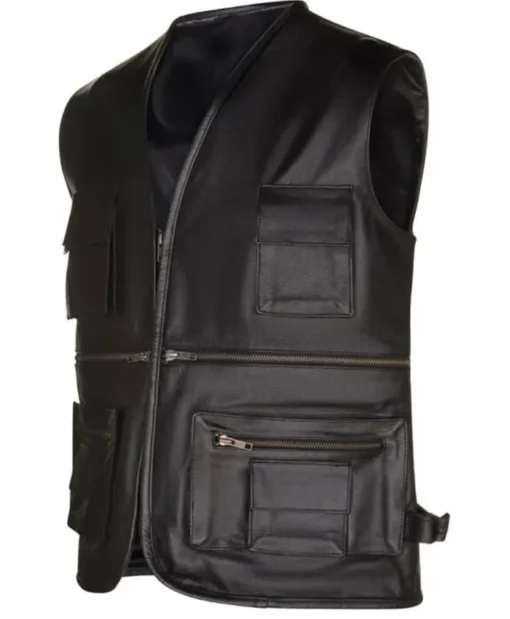 Multi-Pocket Black Biker Leather Vest