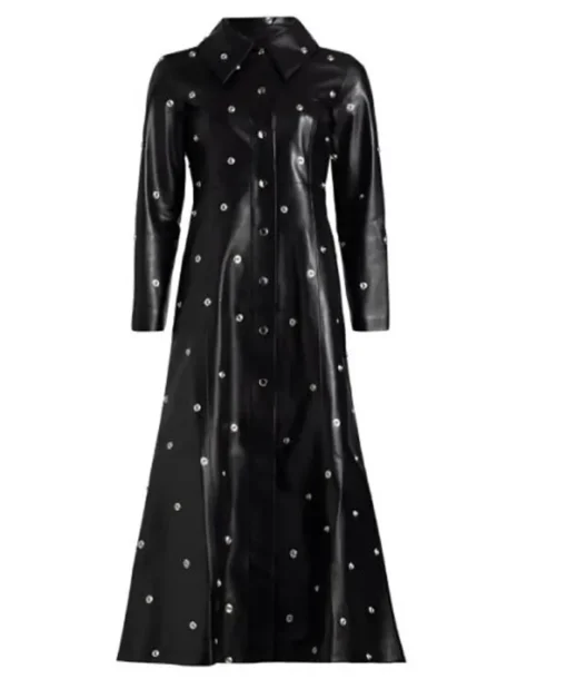 NY 2025 Selena Gomez Leather Black Coat